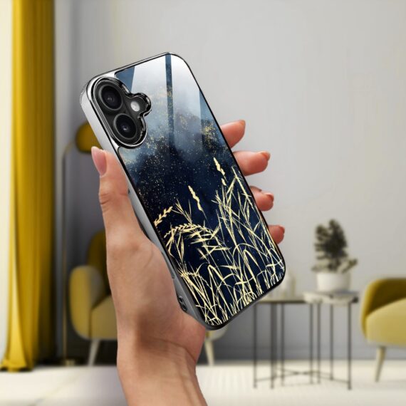 Etui do iPhone 16, Elite Glass z MagSafe, szklany tył, Kwiaty, Złote Trawy o Zmierzchu, czarne (3)