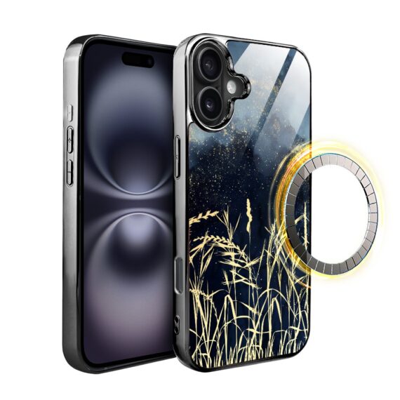 Etui do iPhone 16, Elite Glass z MagSafe, szklany tył, Kwiaty, Złote Trawy o Zmierzchu, czarne (7)