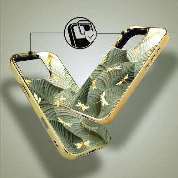 Etui do iPhone 16 Pro Max, Elite Glass z MagSafe, szklany tył, Kwiaty, Taniec ważek, złote (1)