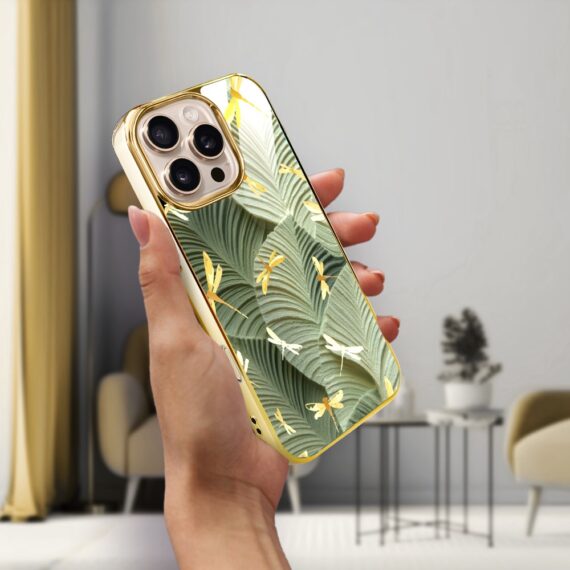 Etui do iPhone 16 Pro Max, Elite Glass z MagSafe, szklany tył, Kwiaty, Taniec ważek, złote (2)