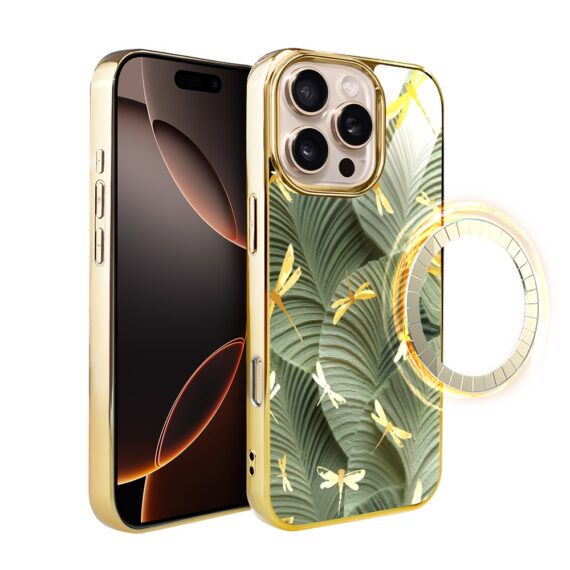 Etui do iPhone 16 Pro Max, Elite Glass z MagSafe, szklany tył, Kwiaty, Taniec ważek, złote (7)