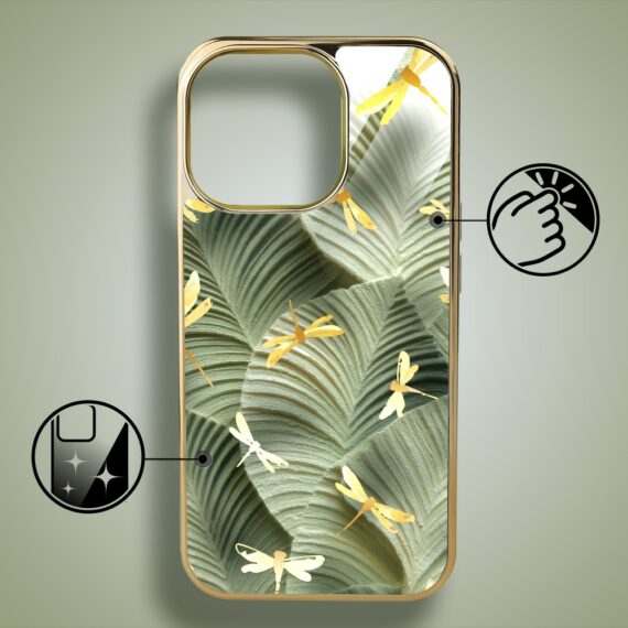 Etui do iPhone 16 Pro Max, Elite Glass z MagSafe, szklany tył, Kwiaty, Taniec ważek, złote (8)