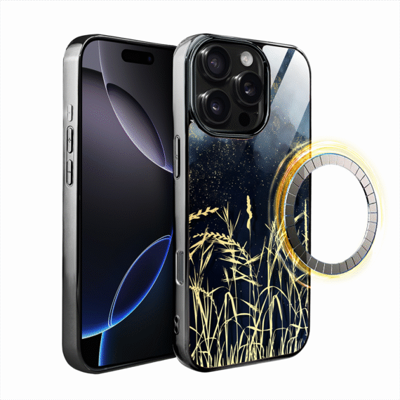 Etui do iPhone 16 Pro Max, Elite Glass z MagSafe, szklany tył, Kwiaty, Złote Trawy o Zmierzchu, czarne (7)