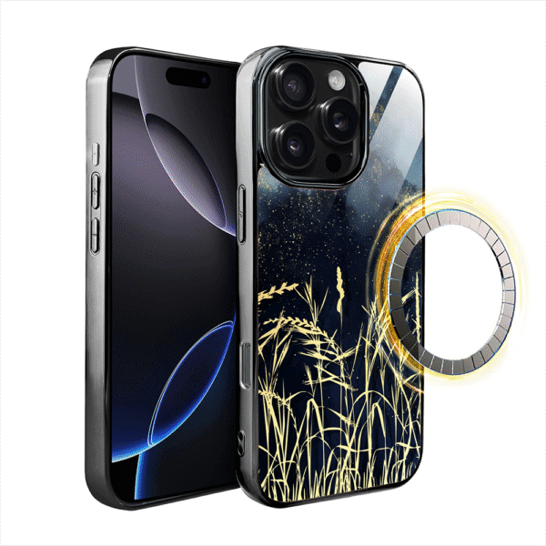 Etui do iPhone 16 Pro, Elite Glass z MagSafe, szklany tył, Kwiaty, Złote Trawy o Zmierzchu, czarne