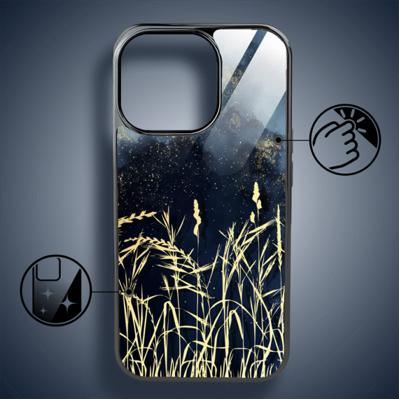 Etui do iPhone 16 Pro Max, Elite Glass z MagSafe, szklany tył, Kwiaty, Złote Trawy o Zmierzchu, czarne (8)