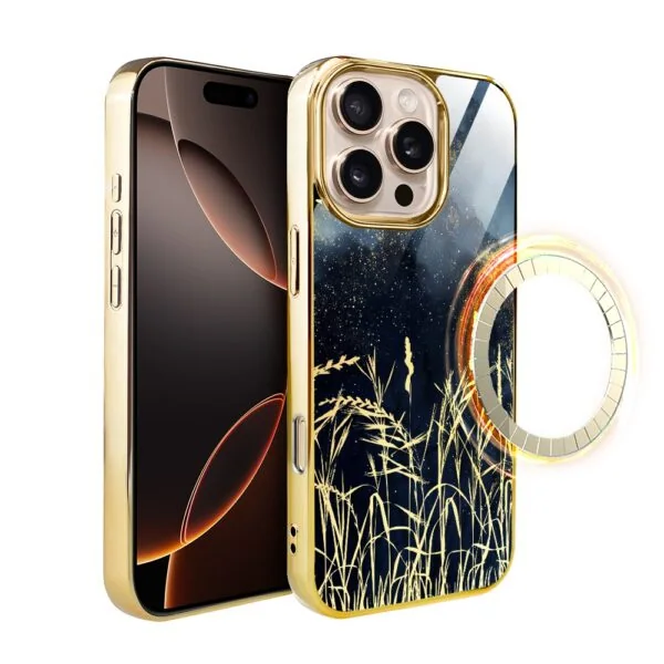 Etui do iPhone 16 Pro, Elite Glass z MagSafe, szklany tył, Kwiaty, Złote Trawy o Zmierzchu, złote