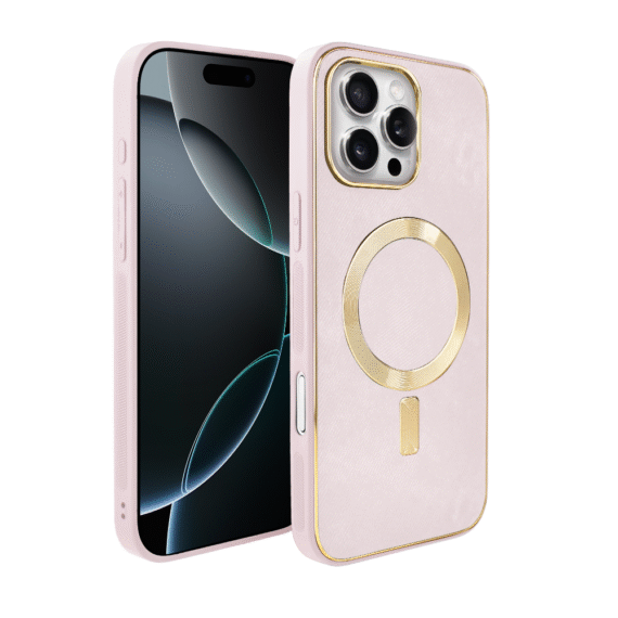 Etui do iPhone 16 Pro Max Woven MagSafe Luxury, tkanina ze złotymi zdobieniami, różowe (3)