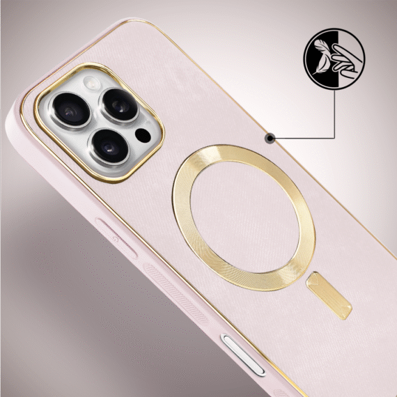 Etui do iPhone 16 Pro Max Woven MagSafe Luxury, tkanina ze złotymi zdobieniami, różowe (6)