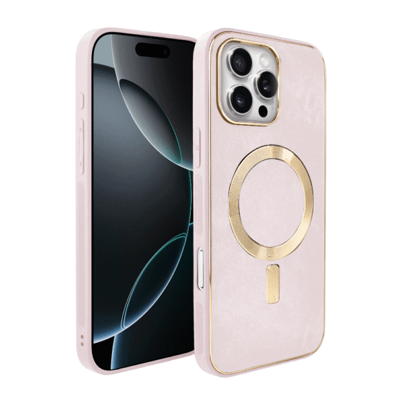 Etui do iPhone 16 Pro Woven MagSafe Luxury, tkanina ze złotymi zdobieniami, różowe