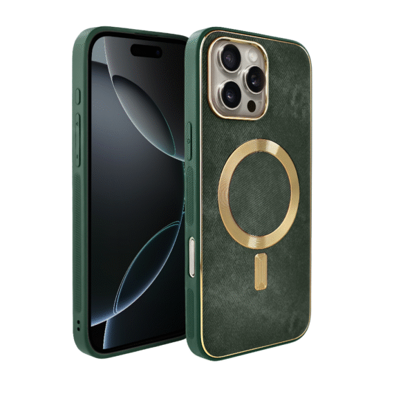 Etui do iPhone 16 Pro Max Woven MagSafe Luxury, tkanina ze złotymi zdobieniami, zielone (4)