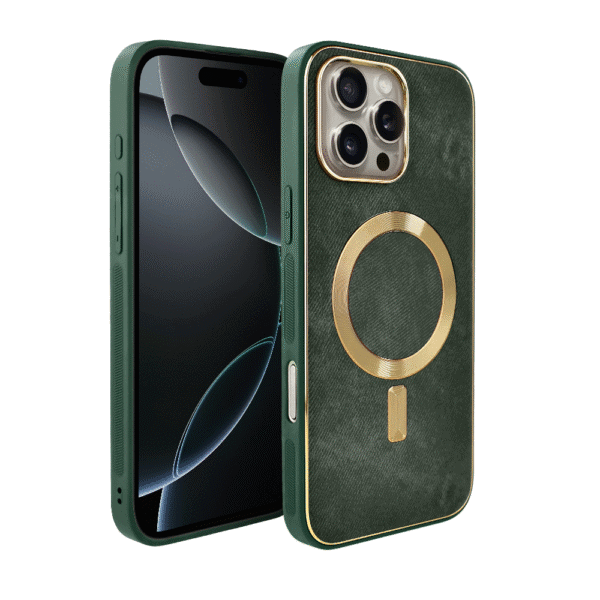 Etui do iPhone 16 Pro Woven MagSafe Luxury, tkanina ze złotymi zdobieniami, zielone