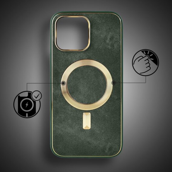 Etui do iPhone 16 Pro Max Woven MagSafe Luxury, tkanina ze złotymi zdobieniami, zielone (5)