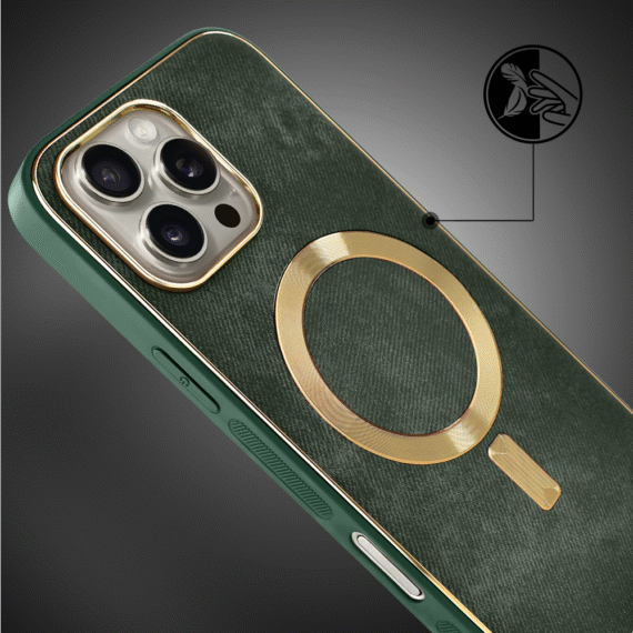 Etui do iPhone 16 Pro Max Woven MagSafe Luxury, tkanina ze złotymi zdobieniami, zielone (7)