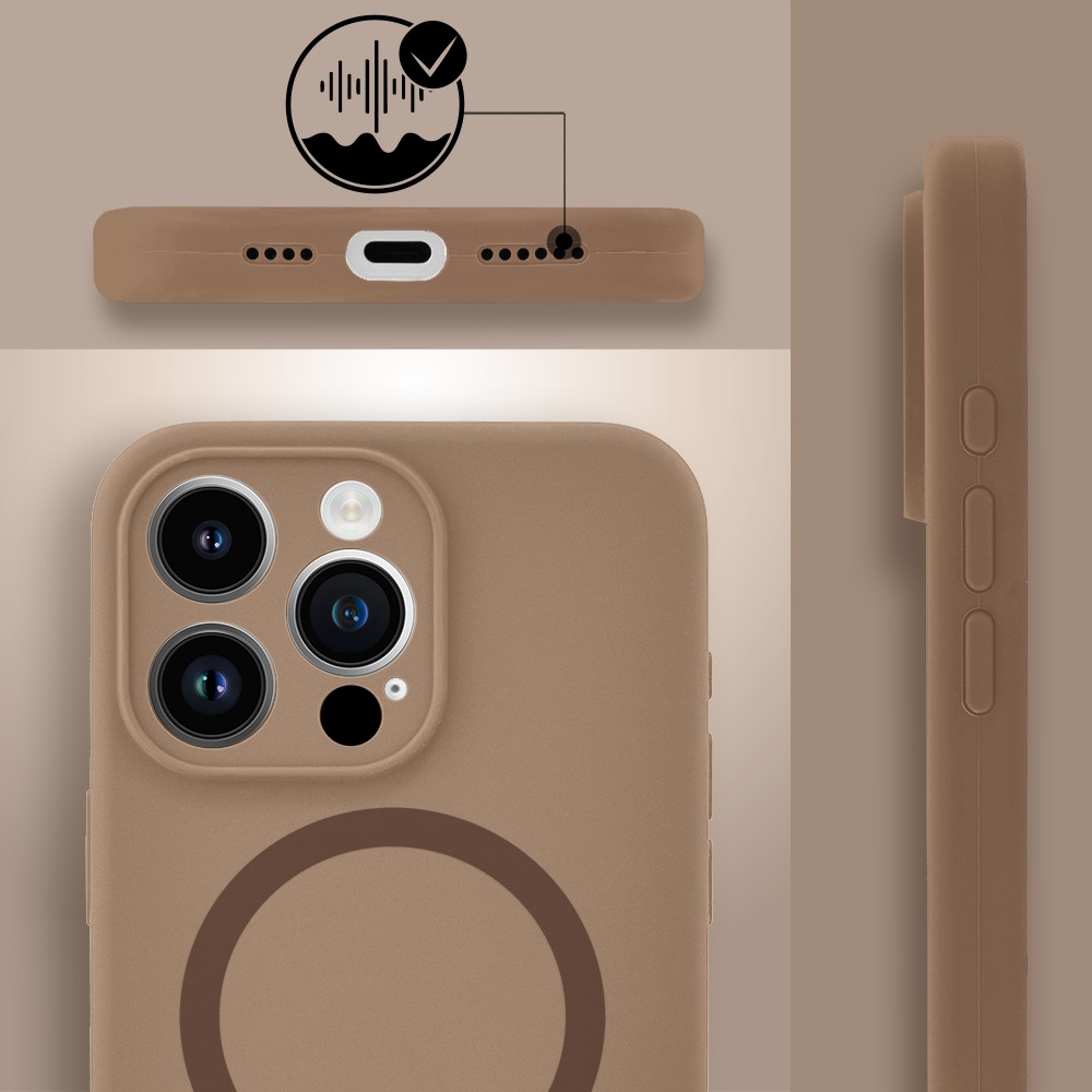 Etui do iPhone 16 Pro, silikonowe z MagSafe, mikrofibra soft touch z osłoną na aparat, kawowe (2)