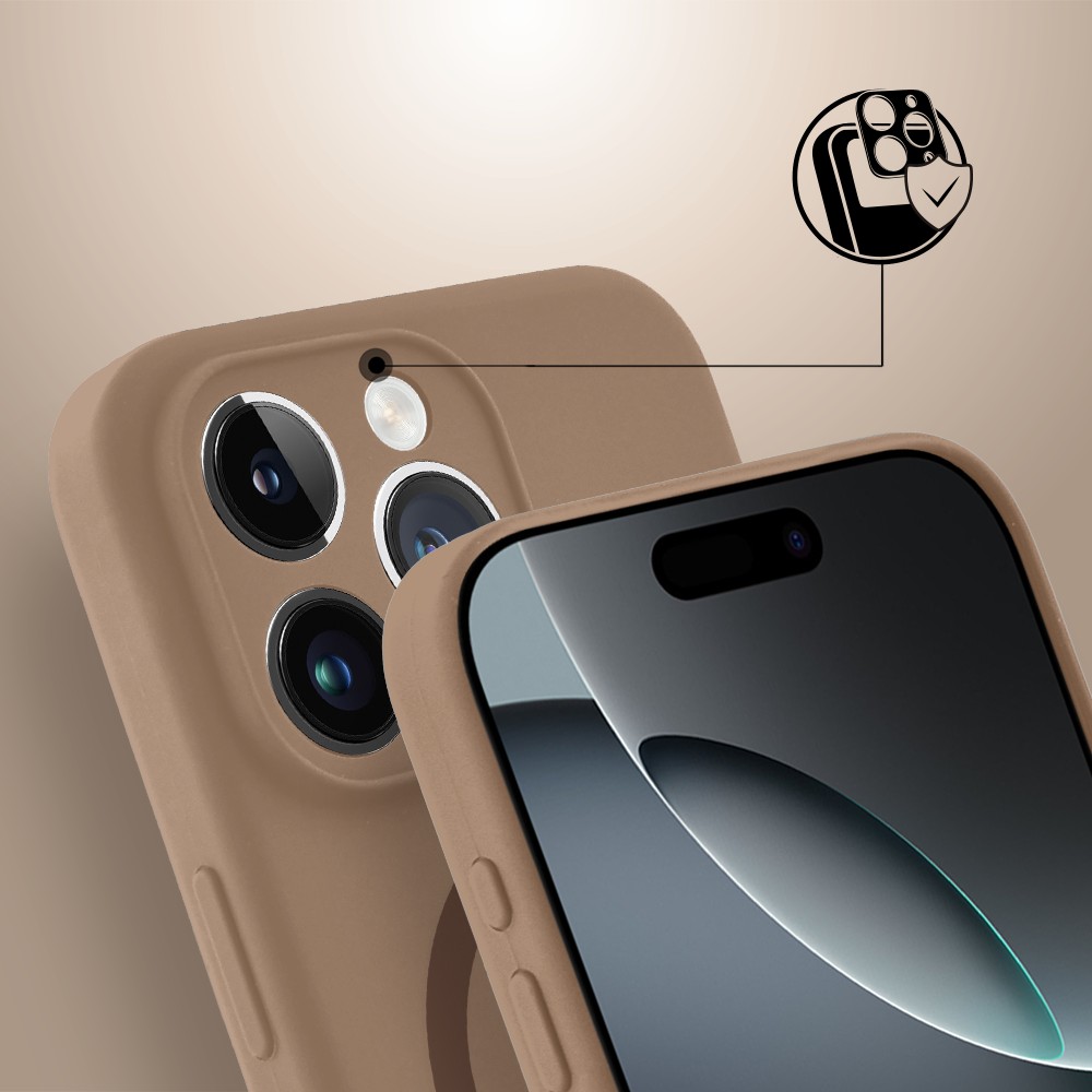 Etui do iPhone 16 Pro, silikonowe z MagSafe, mikrofibra soft touch z osłoną na aparat, kawowe (3)