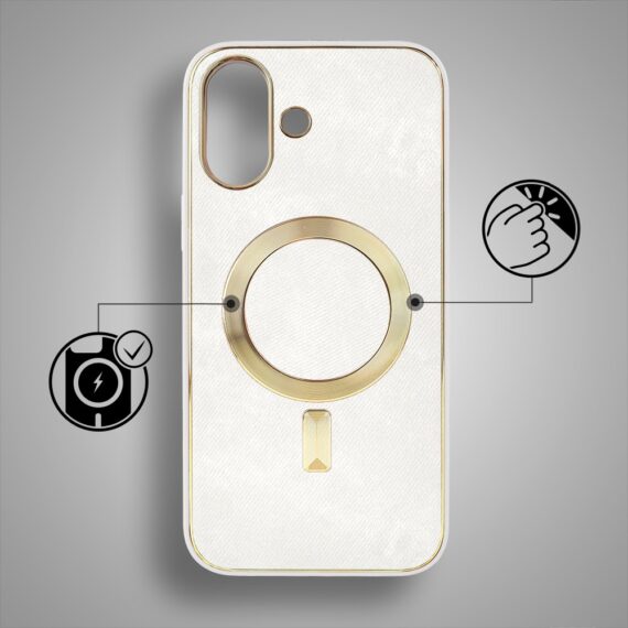 Etui do iPhone 16 Woven MagSafe Luxury, tkanina ze złotymi zdobieniami, białe (1)