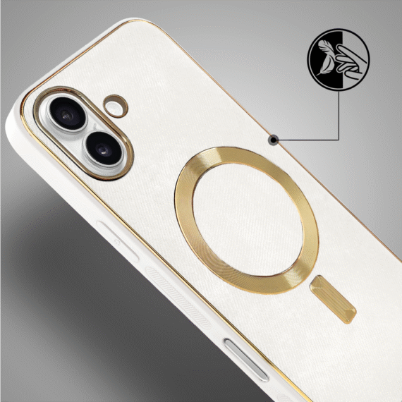 Etui do iPhone 16 Woven MagSafe Luxury, tkanina ze złotymi zdobieniami, białe (3)