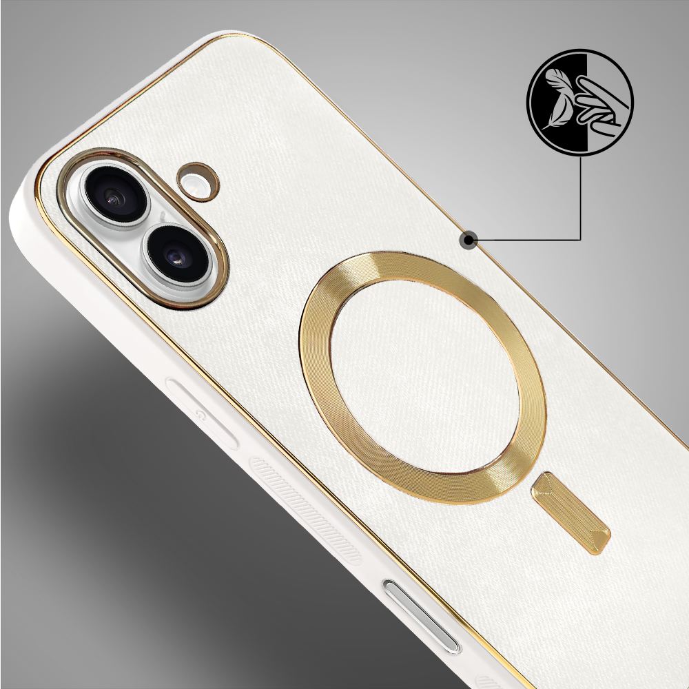 Etui do iPhone 16 Woven MagSafe Luxury, tkanina ze złotymi zdobieniami, białe (3)