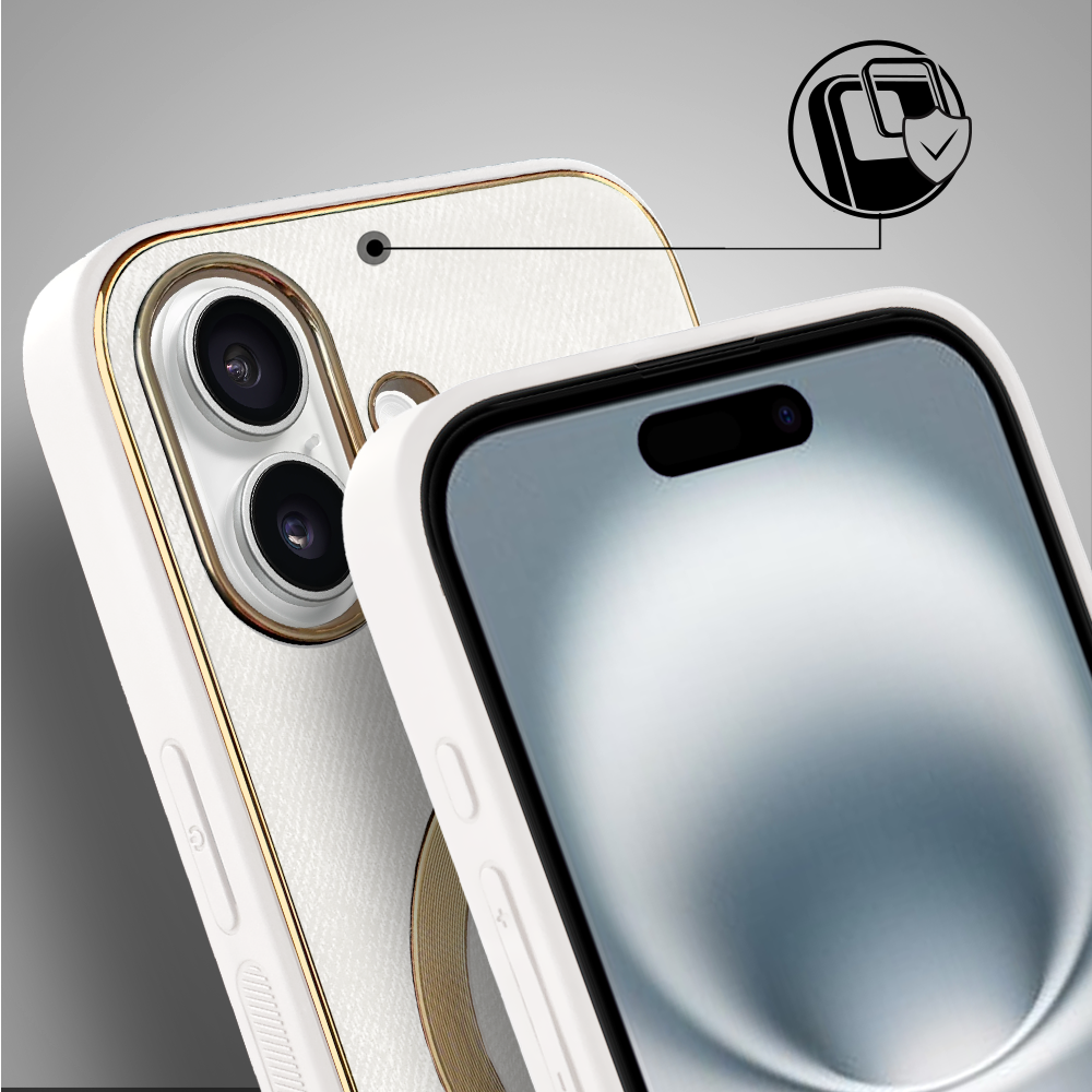 Etui do iPhone 16 Woven MagSafe Luxury, tkanina ze złotymi zdobieniami, białe (4)