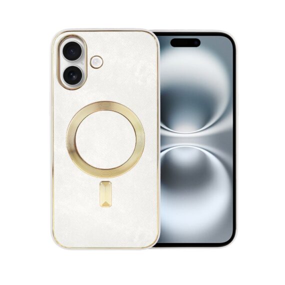 Etui do iPhone 16 Woven MagSafe Luxury, tkanina ze złotymi zdobieniami, białe (7)