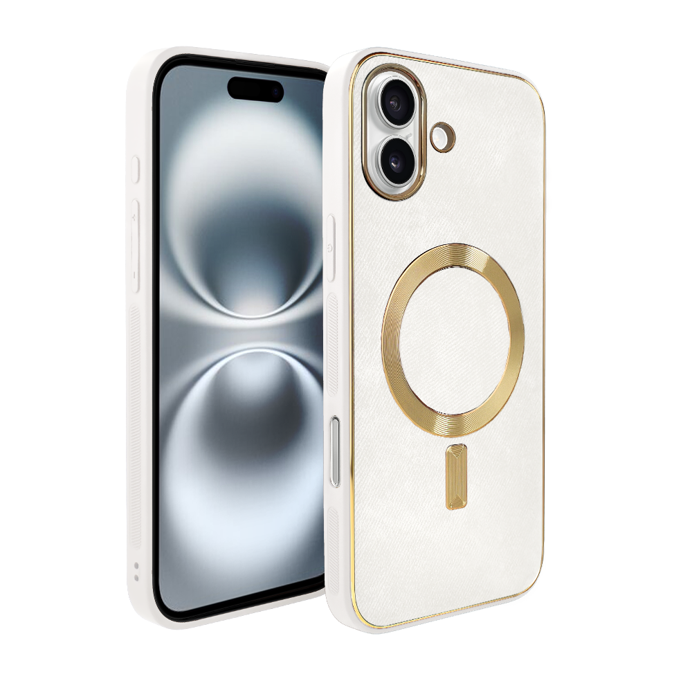 Etui do iPhone 16 Woven MagSafe Luxury, tkanina ze złotymi zdobieniami, białe