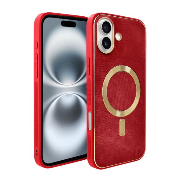 Etui do iPhone 16 Woven MagSafe Luxury, tkanina ze złotymi zdobieniami, czerwone