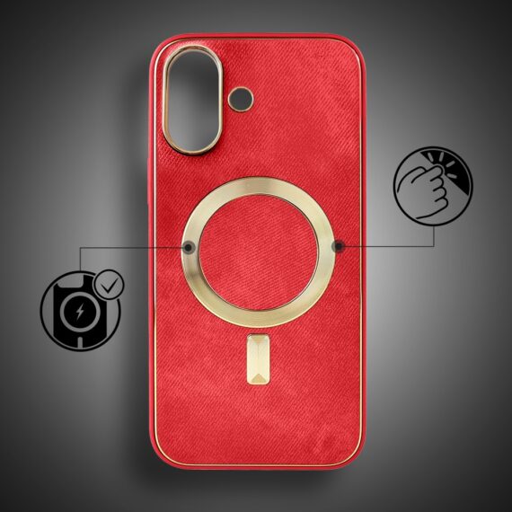 Etui do iPhone 16 Woven MagSafe Luxury, tkanina ze złotymi zdobieniami, czerwone (6)