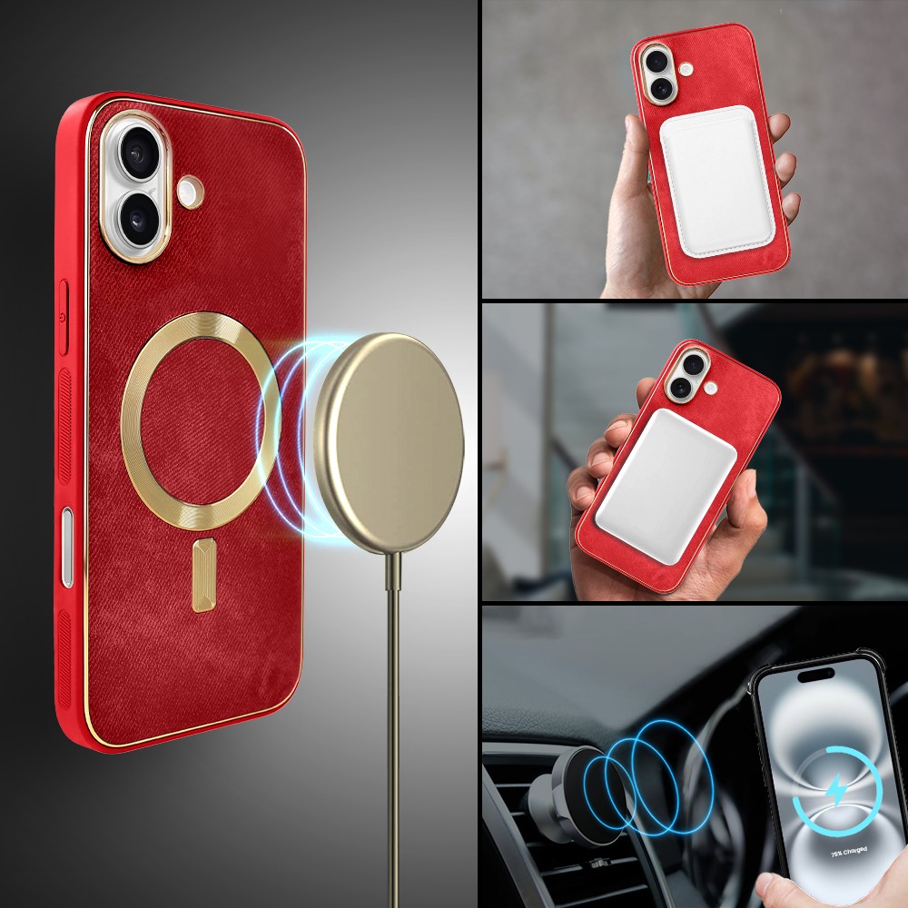 Etui do iPhone 16 Woven MagSafe Luxury, tkanina ze złotymi zdobieniami, czerwone (7)