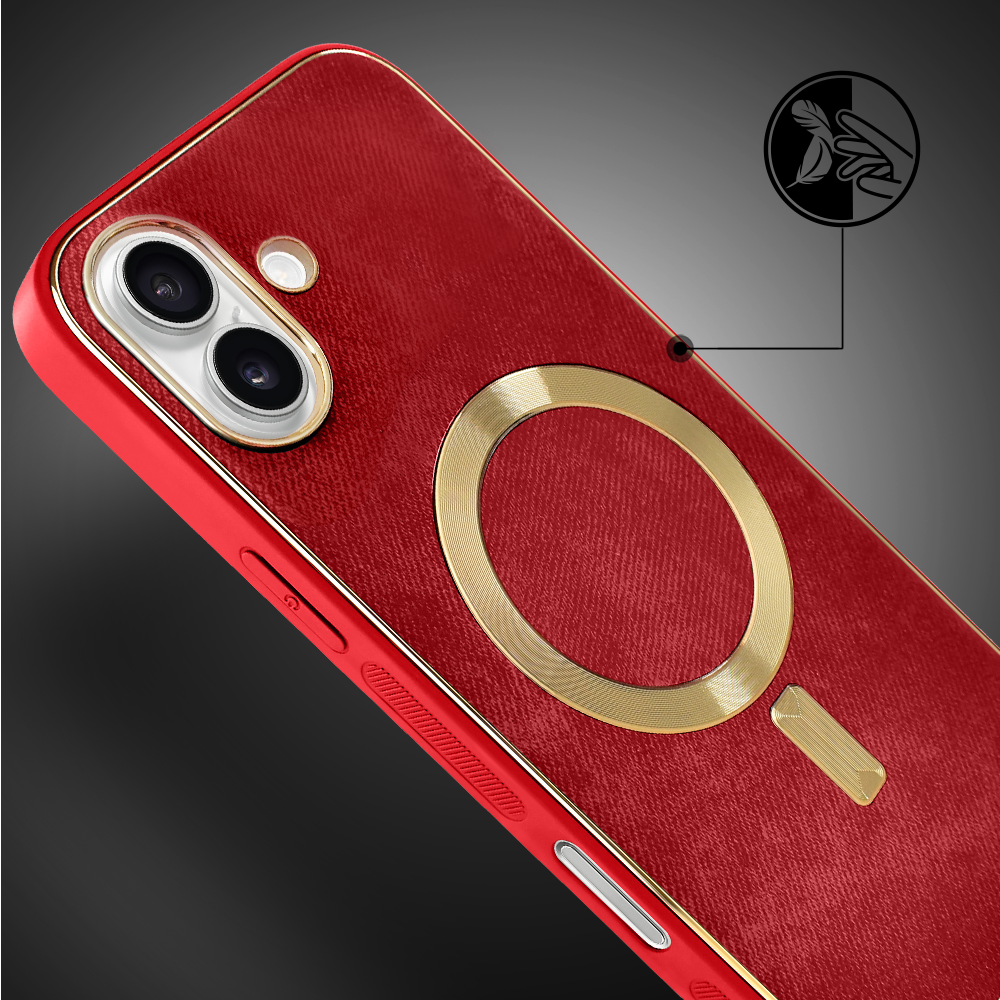 Etui do iPhone 16 Woven MagSafe Luxury, tkanina ze złotymi zdobieniami, czerwone (8)