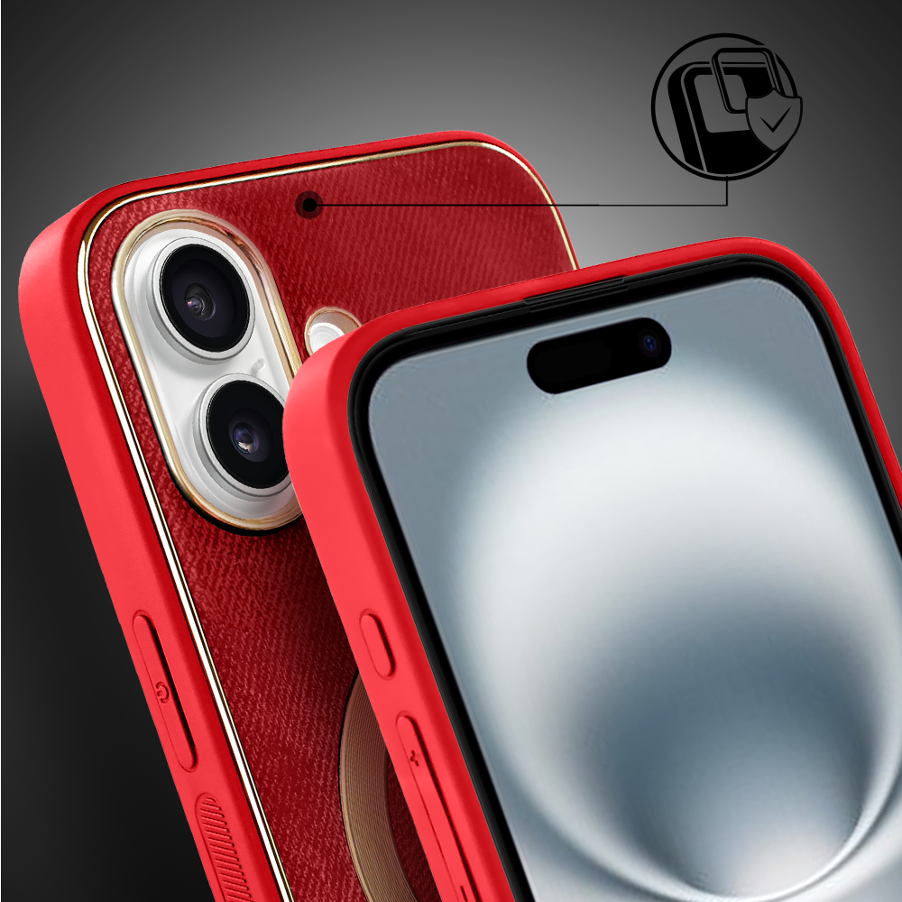 Etui do iPhone 16 Woven MagSafe Luxury, tkanina ze złotymi zdobieniami, czerwone (9)