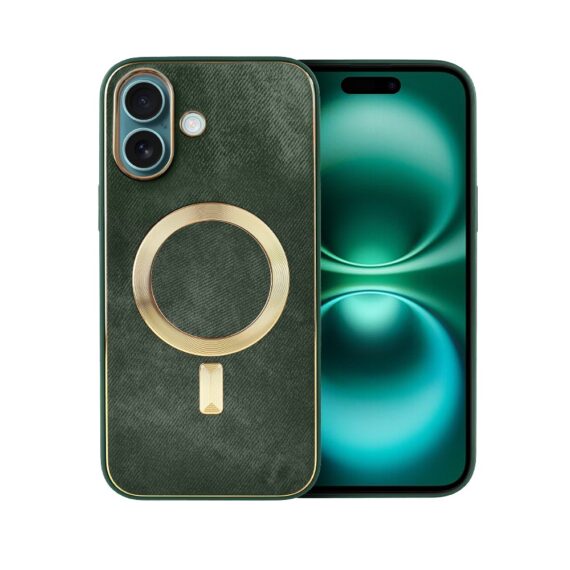 Etui do iPhone 16 Woven MagSafe Luxury, tkanina ze złotymi zdobieniami, zielone (2)