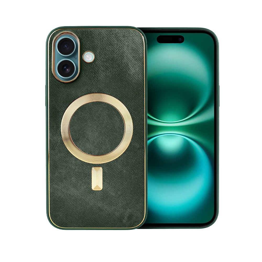 Etui do iPhone 16 Woven MagSafe Luxury, tkanina ze złotymi zdobieniami, zielone (2)