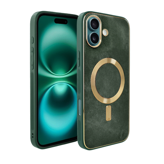 Etui do iPhone 16 Woven MagSafe Luxury, tkanina ze złotymi zdobieniami, zielone (4)