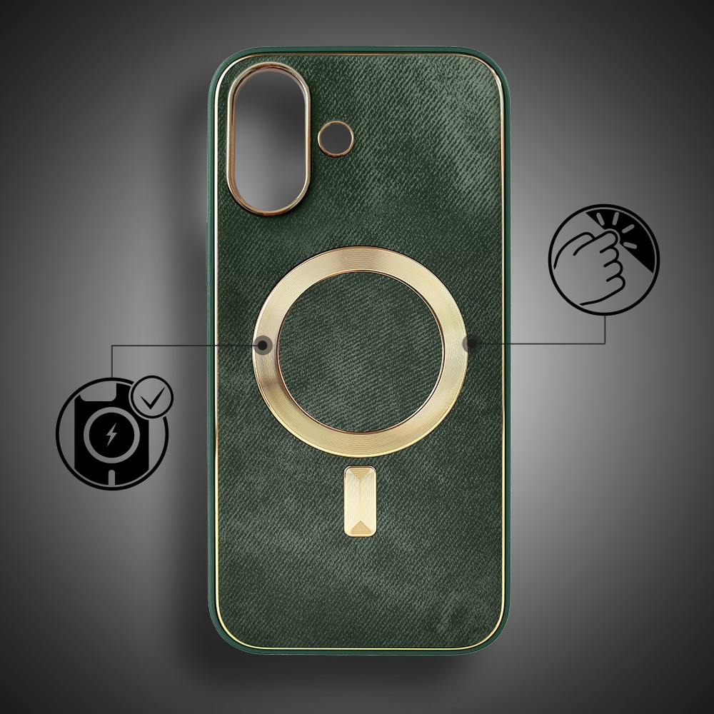 Etui do iPhone 16 Woven MagSafe Luxury, tkanina ze złotymi zdobieniami, zielone (5)