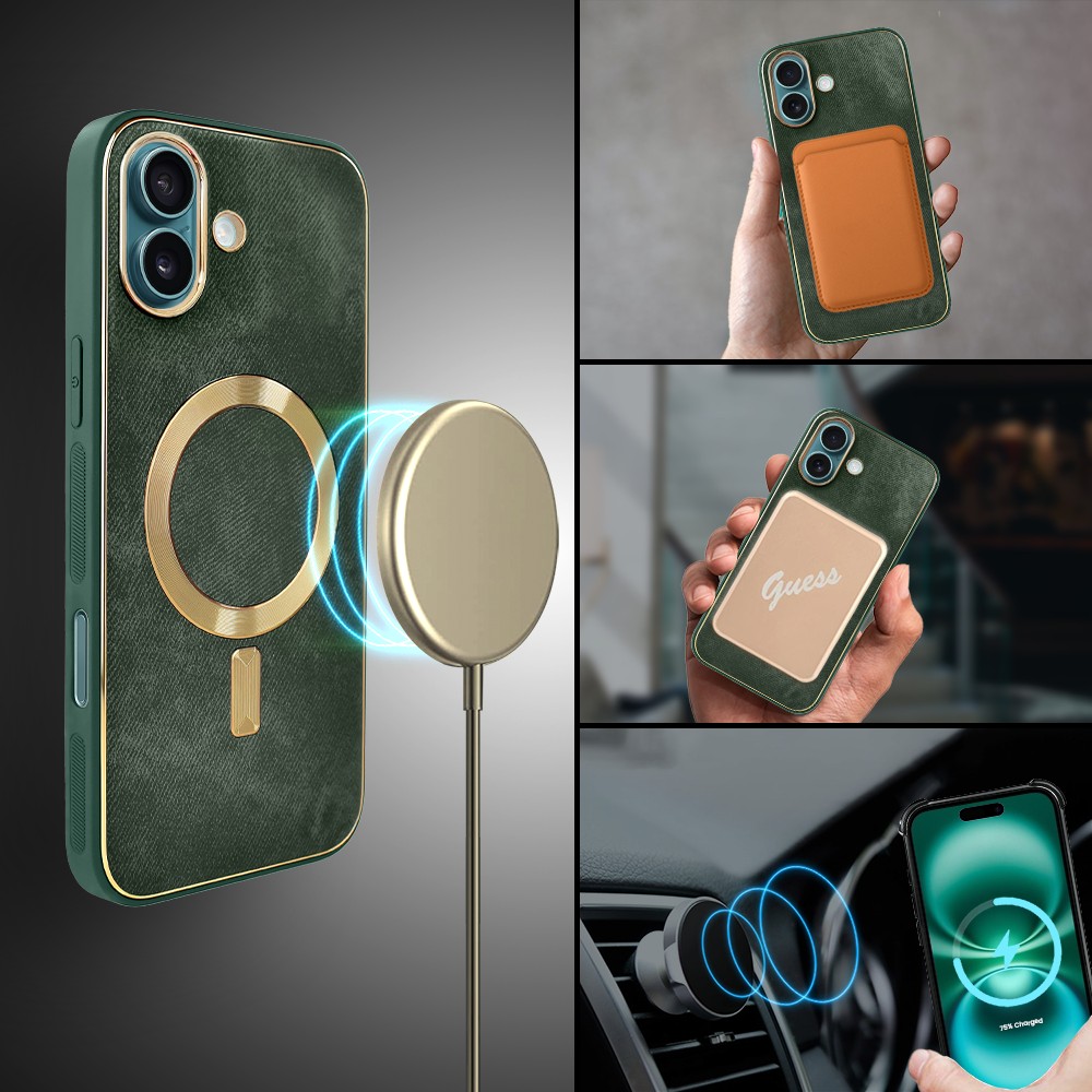 Etui do iPhone 16 Woven MagSafe Luxury, tkanina ze złotymi zdobieniami, zielone (6)
