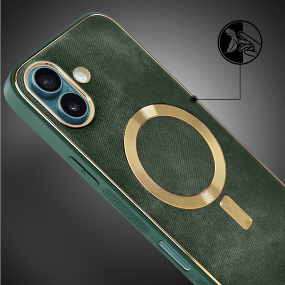 Etui do iPhone 16 Woven MagSafe Luxury, tkanina ze złotymi zdobieniami, zielone (7)