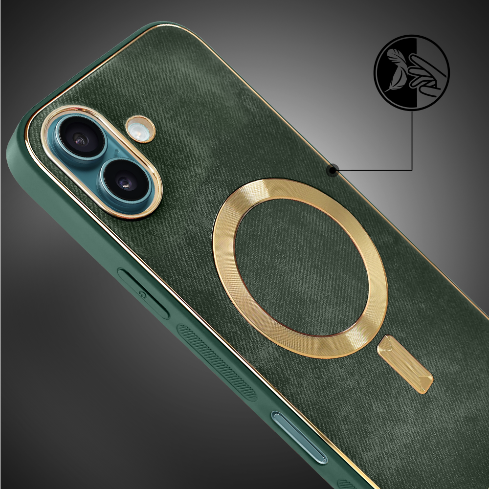 Etui do iPhone 16 Woven MagSafe Luxury, tkanina ze złotymi zdobieniami, zielone (7)