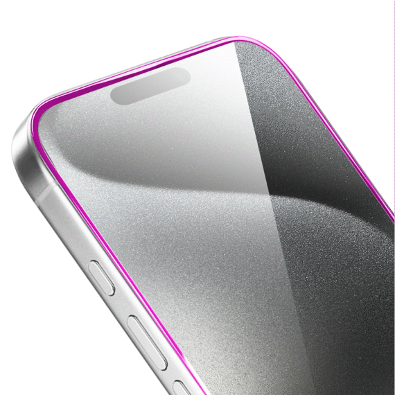 Szkło hartowane 9H do iPhone 15 Pro, twarde wzmocnione z metalizowaną różową ramką (1)