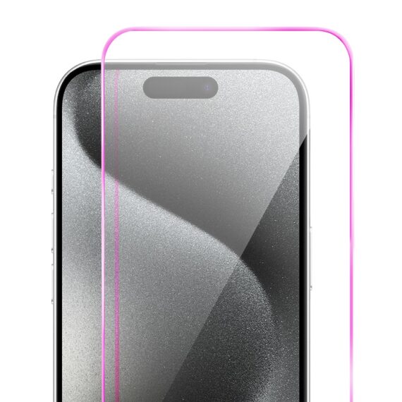 Szkło hartowane 9H do iPhone 15 Pro, twarde wzmocnione z metalizowaną różową ramką (2)