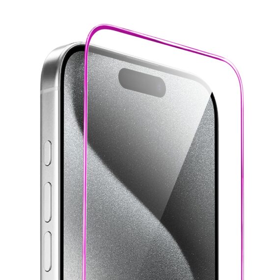 Szkło hartowane 9H do iPhone 15 Pro, twarde wzmocnione z metalizowaną różową ramką (3)
