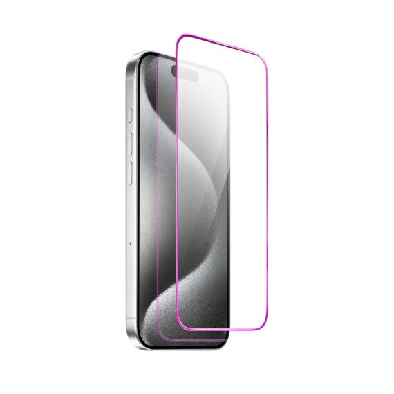 Szkło hartowane 9H do iPhone 15 Pro, twarde wzmocnione z metalizowaną różową ramką (4)