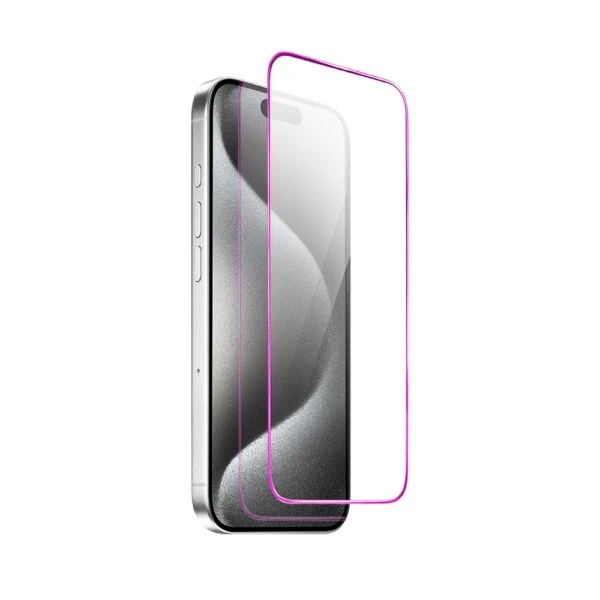 Szkło hartowane 9H do iPhone 15 Pro, twarde wzmocnione z metalizowaną różową ramką (4)