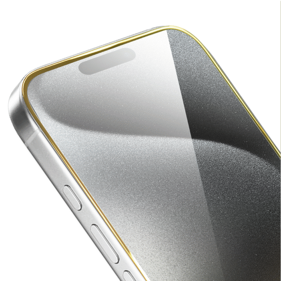 Szkło hartowane 9H do iPhone 15 Pro, twarde wzmocnione z metalizowaną złotą ramką (1)