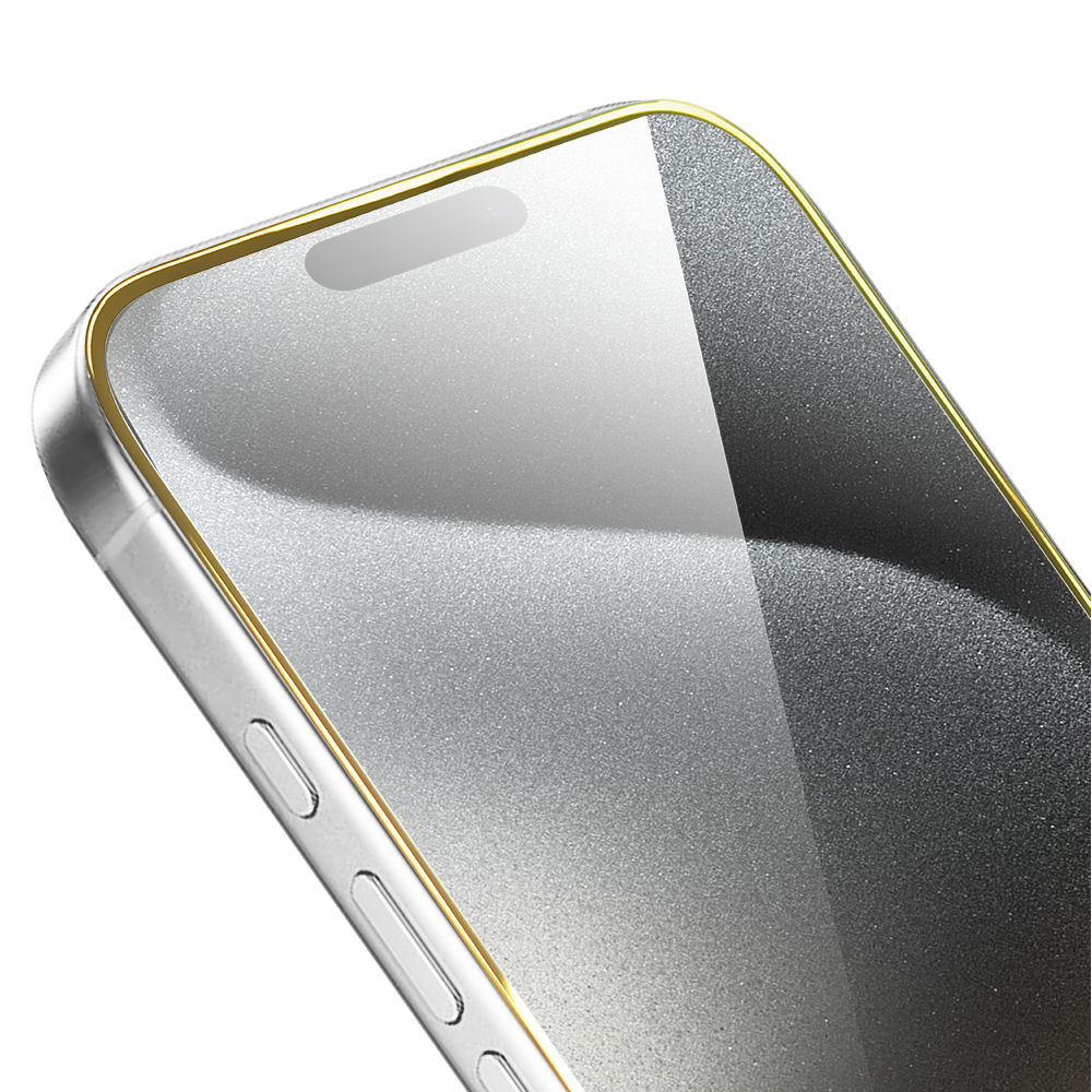Szkło hartowane 9H do iPhone 15 Pro, twarde wzmocnione z metalizowaną złotą ramką (1)