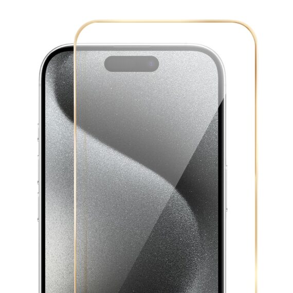 Szkło hartowane 9H do iPhone 15 Pro, twarde wzmocnione z metalizowaną złotą ramką (2)