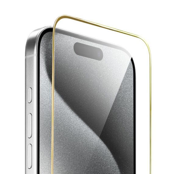 Szkło hartowane 9H do iPhone 15 Pro, twarde wzmocnione z metalizowaną złotą ramką (3)