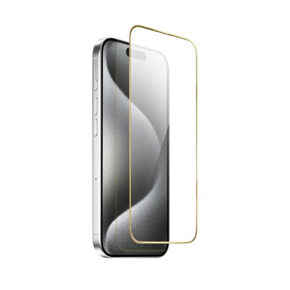 Szkło hartowane 9H do iPhone 15 Pro, twarde wzmocnione z metalizowaną złotą ramką (4)