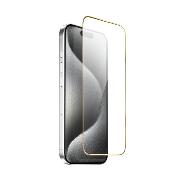 Szkło hartowane 9H do iPhone 15 Pro, twarde wzmocnione z metalizowaną złotą ramką (4)