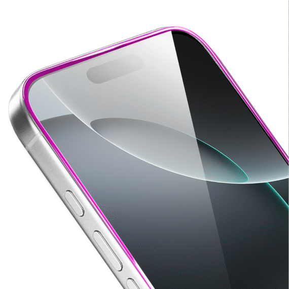 Szkło hartowane 9H do iPhone 16 Pro, twarde wzmocnione z metalizowaną różową ramką (1)