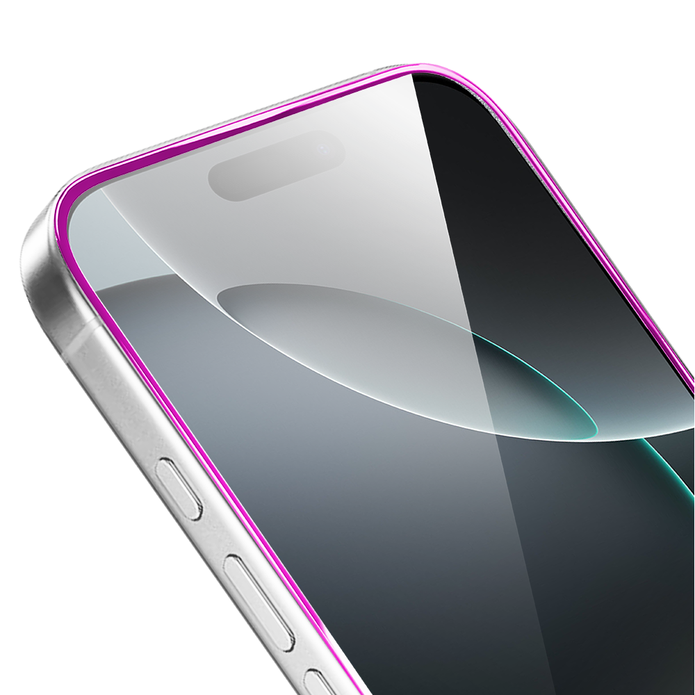 Szkło hartowane 9H do iPhone 16 Pro, twarde wzmocnione z metalizowaną różową ramką (1)